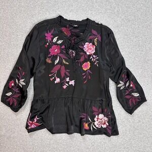 Johnny Was Workshop Blouse Large Black Peplum Mirabel Tassel Embroidered Satin